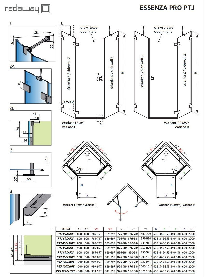 Radaway Essenza Pro Brushed Nickel PTJ kabina pięciokątna 80x90 drzwi otwierane prawe nikiel szczotkowany Easy Clean 10100000-91-01R + 10100400-01-01