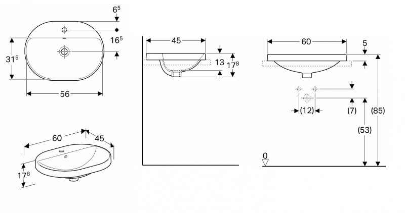 Geberit Variform umywalka eliptyczna wpuszczana w blat 60x45 cm z otworem na baterię 500.732.01.2