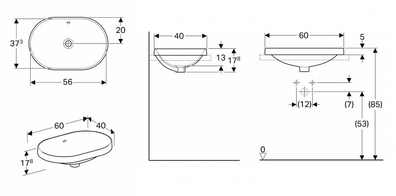 Geberit Variform umywalka owalna eliptyczna wpuszczana w blat 60x40 cm 500.728.01.2