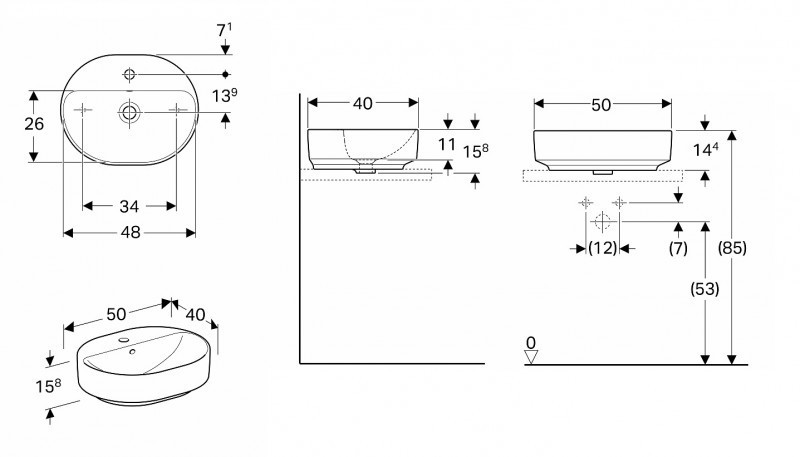 Geberit Variform umywalka eliptyczna stawiana na blat bez przelewu 50x40 cm 500.776.01.2