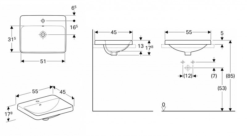 Geberit Variform umywalka prostokątna wpuszczana w blat 55x45 cm z otworem na baterię 500.740.01.2
