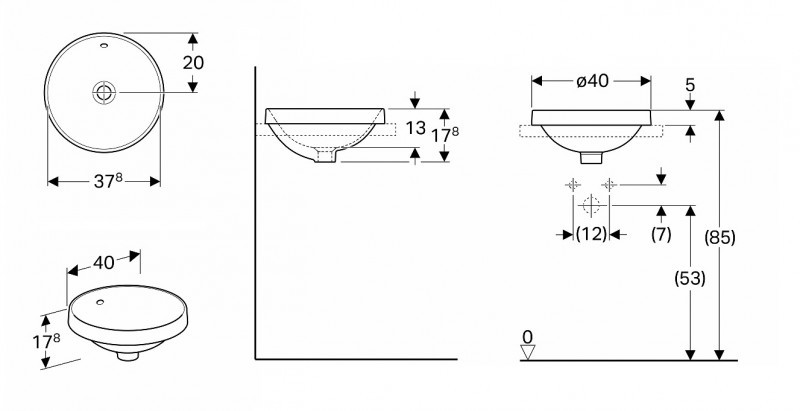Geberit Variform umywalka okrągła wpuszczana w blat 40x40 cm KeraTect 500.700.00.2