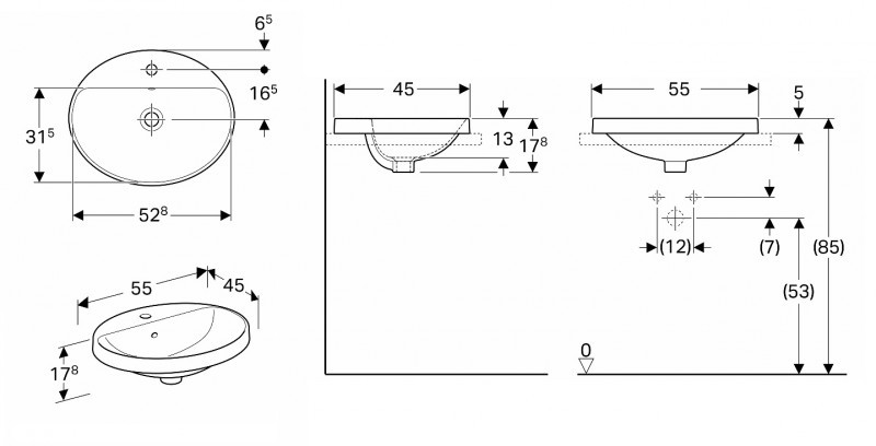 Geberit Variform umywalka owalna wpuszczana w blat 55x45 cm z otworem na baterię 500.720.01.2