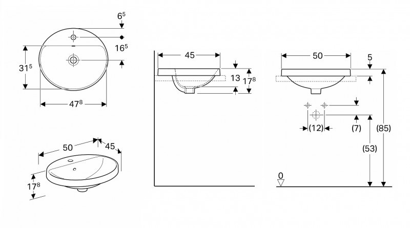Geberit Variform umywalka owalna wpuszczana w blat 50 x 45 cm z otworem na baterię 500.712.01.2