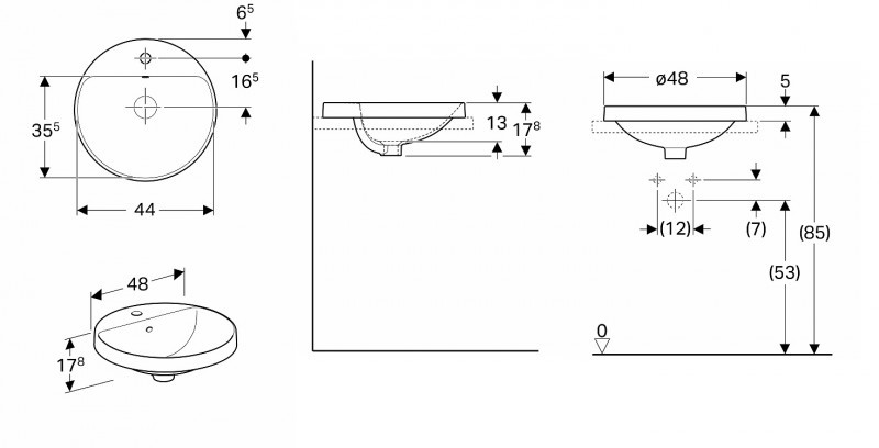 Geberit Variform umywalka okrągła wpuszczana w blat z otworem na baterię 48 cm 500.704.01.2