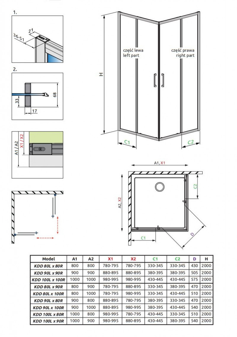 Radaway Premium Pro KDD kabina kwadratowa 80x80 drzwi przesuwne chrom przeźroczyste Easy Clean 1017080-01-01L + 1017080-01-01R