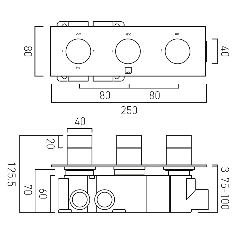 Vado Knurled Accents termostatyczna bateria podtynkowa 3-drożna miedź brąz szczotkowany IND-T128/3-H-BRZK