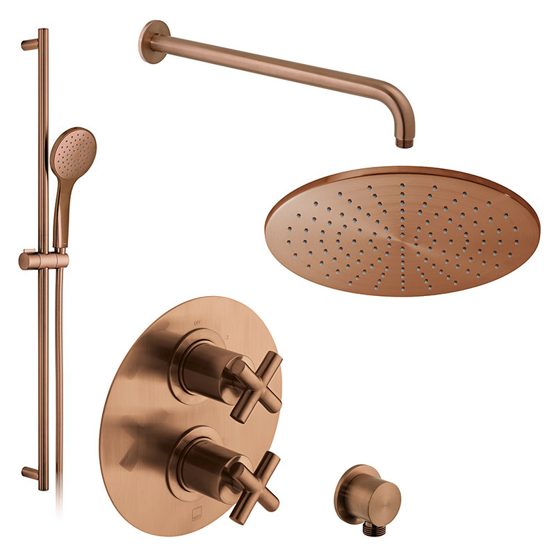 Vado Elements kompletny termostatyczny zestaw prysznicowy podtynkowy z deszczownicą 30x30 i drążkiem miedź brąz szczotkowany IND-SS-ELE2-BRZ