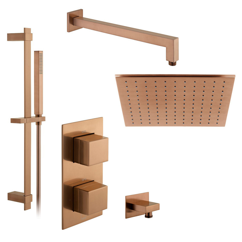 Vado Tablet kompletny termostatyczny zestaw prysznicowy podtynkowy z deszczownicą 30x30 i drążkiem miedź brąz szczotkowany IND-SS-TAB4-BRZ