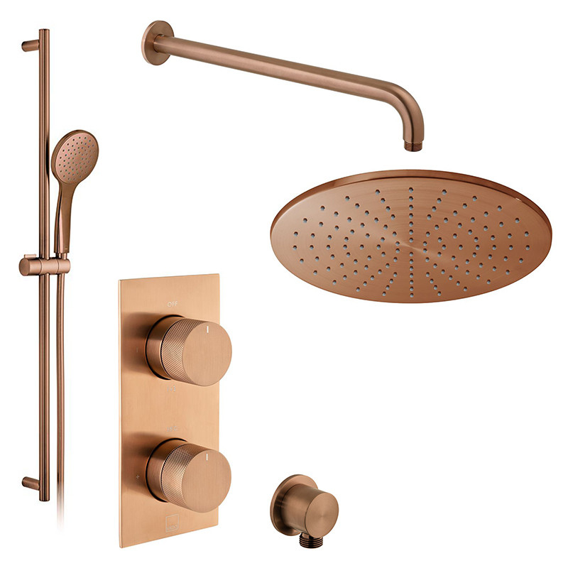 Vado Knurled kompletny termostatyczny zestaw prysznicowy podtynkowy z deszczownicą 30x30 i drążkiem miedź brąz szczotkowany IND-SS-TAB6-BRZK
