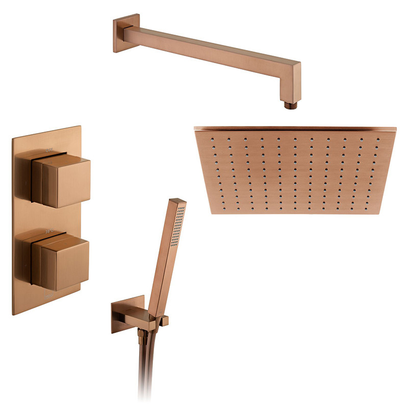 Vado Tablet kompletny termostatyczny zestaw prysznicowy podtynkowy z deszczownicą 30x30 i zestawem punktowym miedź brąz szczotkowany IND-SS-TAB3-BRZ
