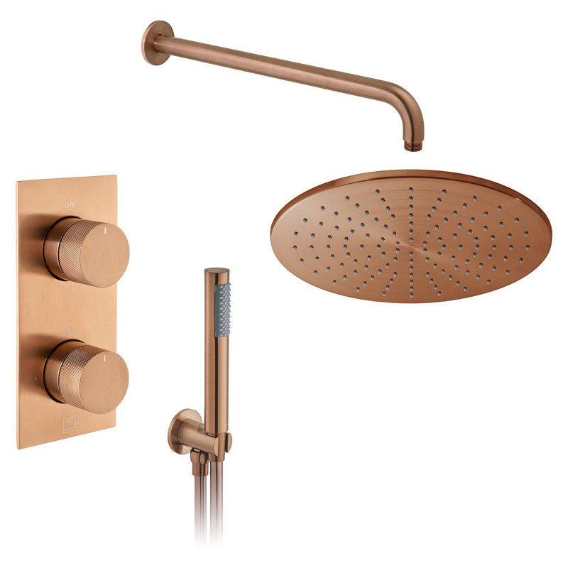 Vado Knurled kompletny termostatyczny zestaw prysznicowy podtynkowy z deszczownicą 30x30 i zestawem punktowym miedź brąz szczotkowany IND-SS-TAB5-BRZK