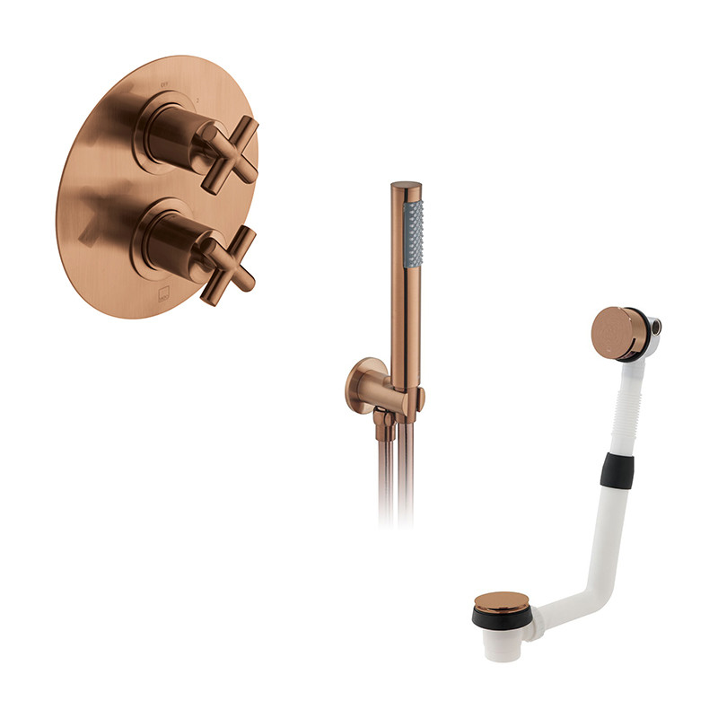 Vado Elements kompletny termostatyczny zestaw wannowy podtynkowy z syfonem z napełnianiem wanny miedź brąz szczotkowany IND-BS-ELE1-BRZ