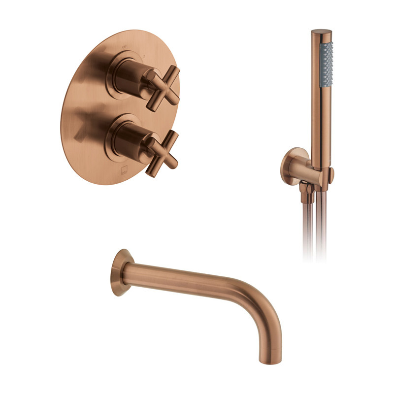 Vado Elements kompletny termostatyczny zestaw wannowy podtynkowy z wylewką miedź brąz szczotkowany IND-BS-ELE2-BRZ