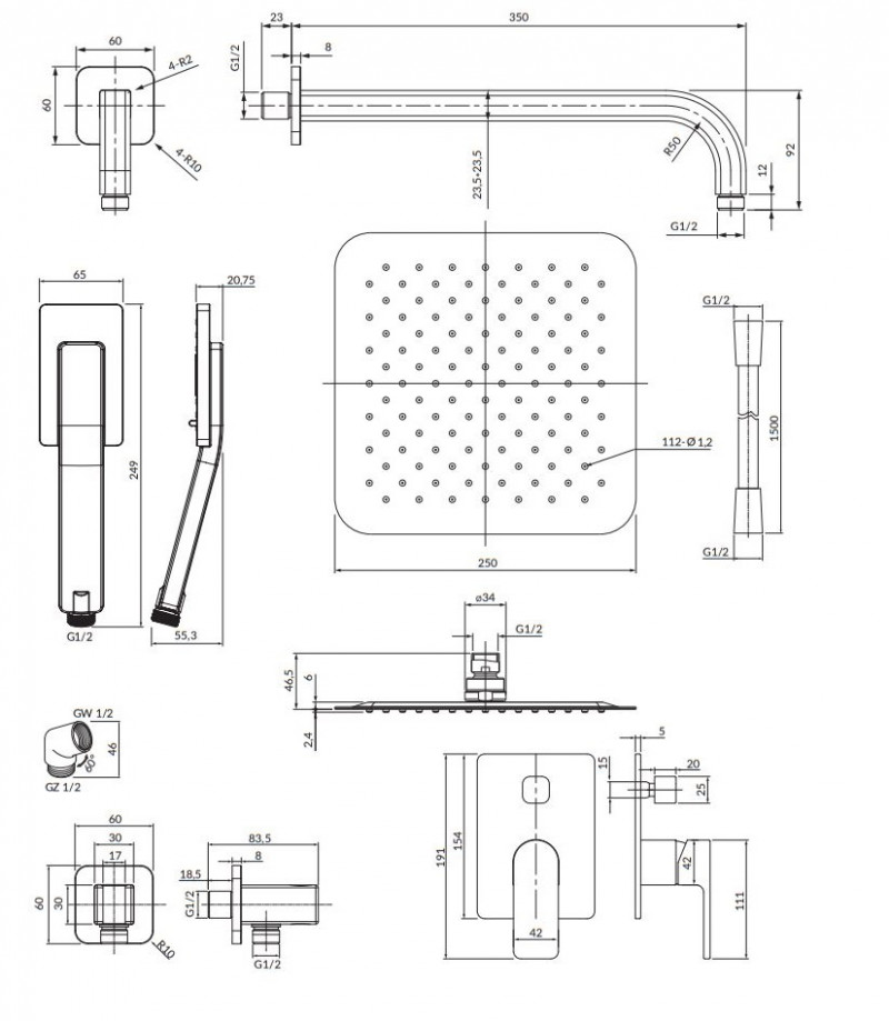Omnires Baretti kompletny zestaw podtynkowy z deszczownicą 25x25 chrom SYSBA10XCR