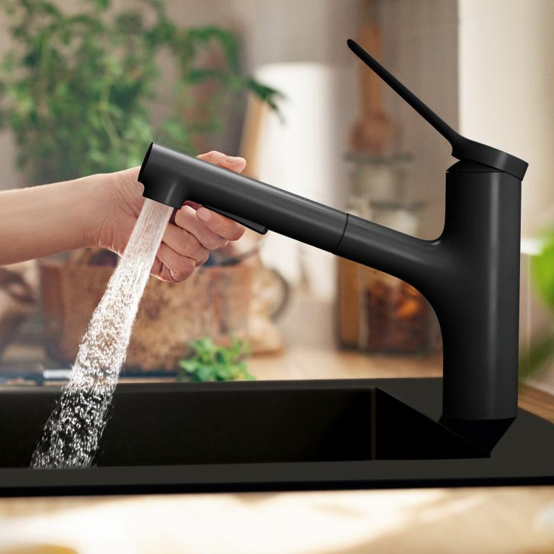 Hansgrohe Zesis M33 bateria zlewozmywakowa kuchenna 150, 2jet  z wyciąganą wylewką czarny mat 74820670