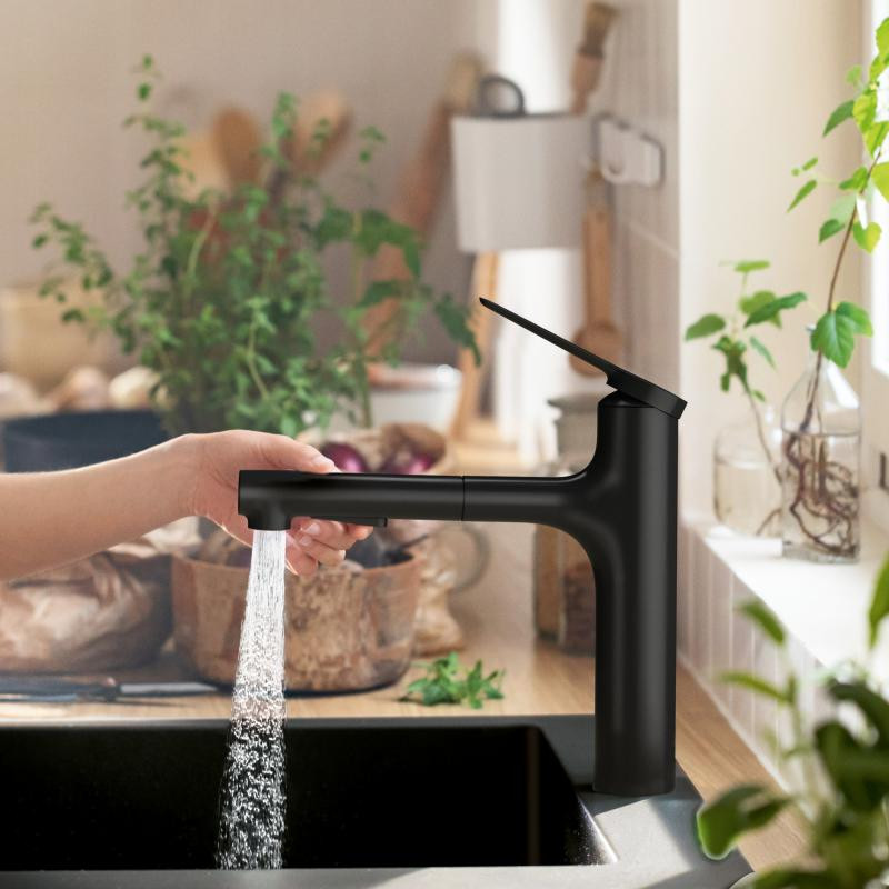 Hansgrohe Zesis M33 bateria zlewozmywakowa kuchenna 160, 2jet  z wyciąganą wylewką czarny mat 74822670