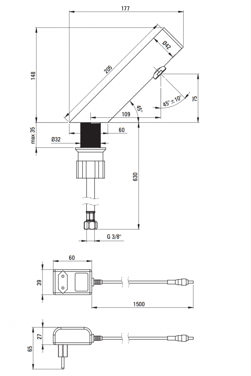 Deante Sense bateria umywalkowa bezdotykowa bez regulacji temperatury - zasilanie sieciowe czarny mat BQRN28V