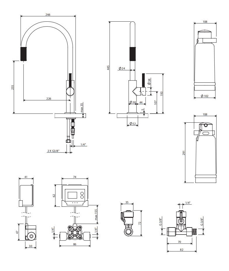 Omnires Switch bateria kuchenna dwuobwodowa z filtrem DAFI D1 czarny mat SW9057-FD1BL