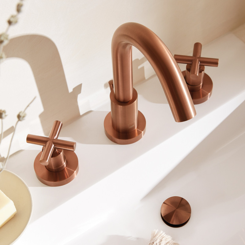 Vado Elements Water bateria umywalkowa trzyotworowa miedź brąz szczotkowany IND-ELW101F-BRZ