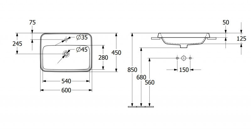 Villeroy&Boch Architectura umywalka wpuszczana w blat 60x45 biała weiss alpin CeramicPlus 5A6760R1