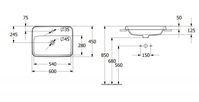 Villeroy&Boch Architectura umywalka wpuszczana w blat 60x45 biała weiss alpin 5A676001