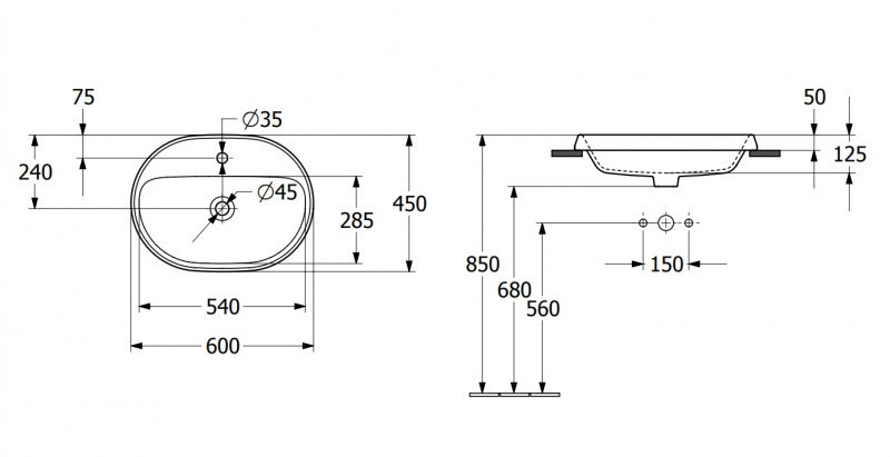 Villeroy&Boch Architectura umywalka wpuszczana w blat 60x45 biała weiss alpin CeramicPlus 5A6660R1