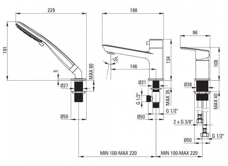 Deante Arnika bateria wannowa 3-otworowa titanium BQAD13M