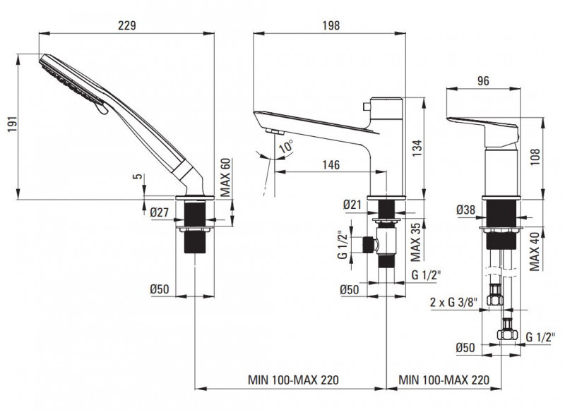 Deante Arnika bateria wannowa 3-otworowa czarny matowy BQAN13M