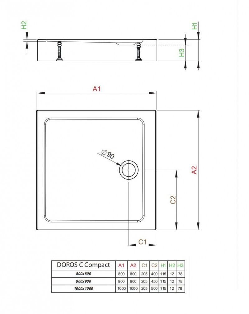 Radaway Doros C Compact Stone brodzik kwadratowy płaski 80x80 zintegrowana obudowa czarny SDRC8080-05-54S
