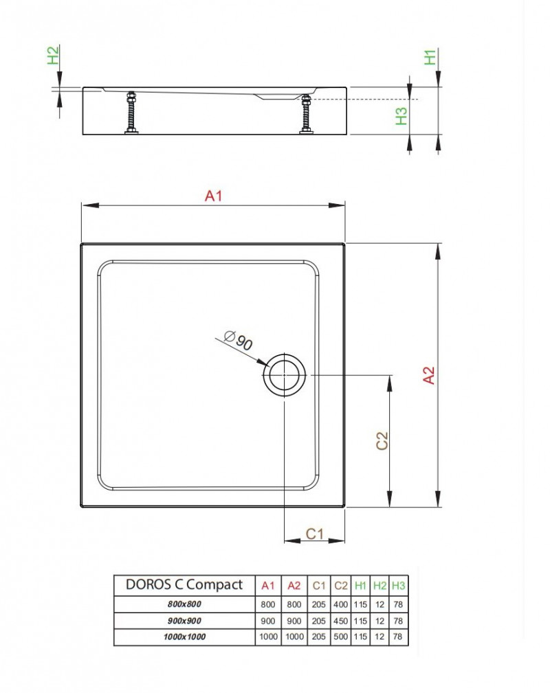 Radaway Doros C Compact Stone brodzik kwadratowy płaski 90x90 zintegrowana obudowa czarny SDRC9090-05-54S