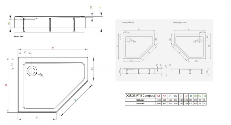 Radaway Doros PT E Compact Stone asymetryczny brodzik pentagonalny akrylowy zintegrowana obudowa 100x90 prawy czarny SDRPTP1090-05-54SR