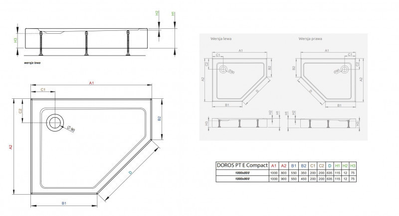 Radaway Doros PT E Compact Stone asymetryczny brodzik pentagonalny akrylowy zintegrowana obudowa 100x90 prawy antracyt SDRPTP1090-05-64SR