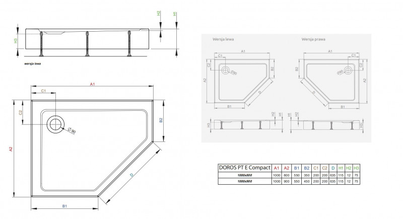 Radaway Doros PT E Compact Stone asymetryczny brodzik pentagonalny akrylowy zintegrowana obudowa 100x80 lewy czarny SDRPTP1080-05-54SL