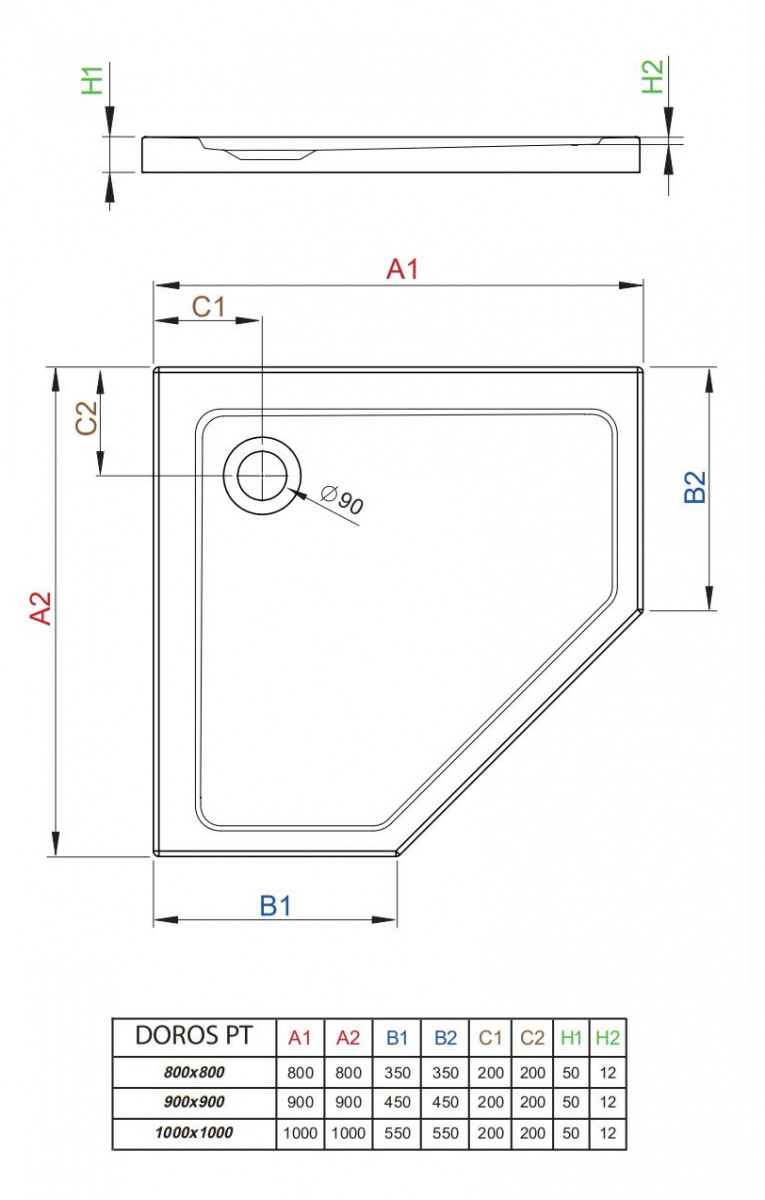 Radaway Doros PT Stone brodzik pentagonalny akrylowy 100x100 biały SDRPT1010-01-04S