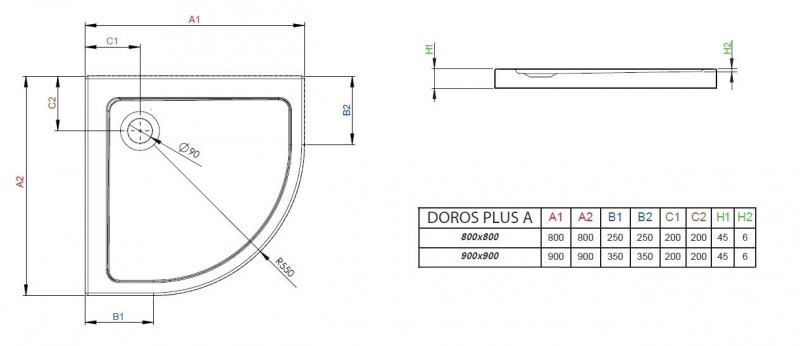 Radaway Doros A Stone brodzik półokrągły 80x80 płaski biały SDRA8080-01-04S