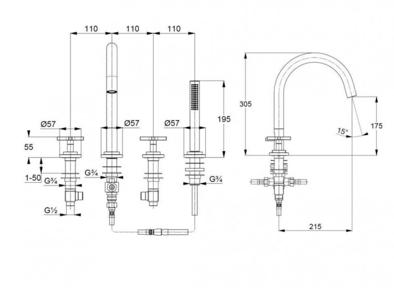 Kludi Nova Fonte Classic bateria wannowa czterootworowa chrom 204250520