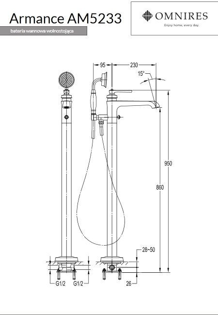 Omnires Armance bateria wannowa wolnostojąca podłogowa retro mosiądz szczotkowany AM5233BSB