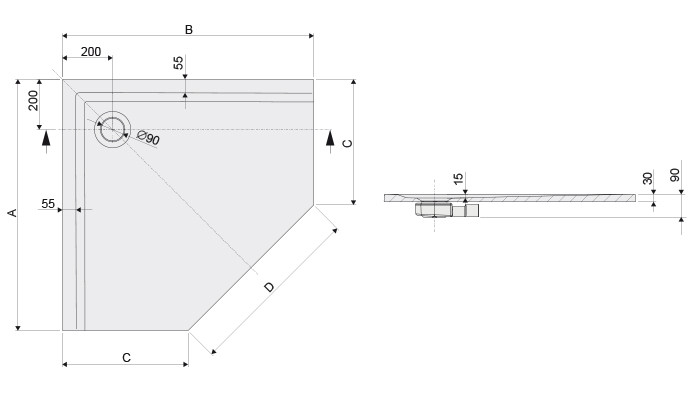 Sanplast Space Mineral BPKM/SPACE brodzik pięciokątny płaski 90x90 biały 645290083001000
