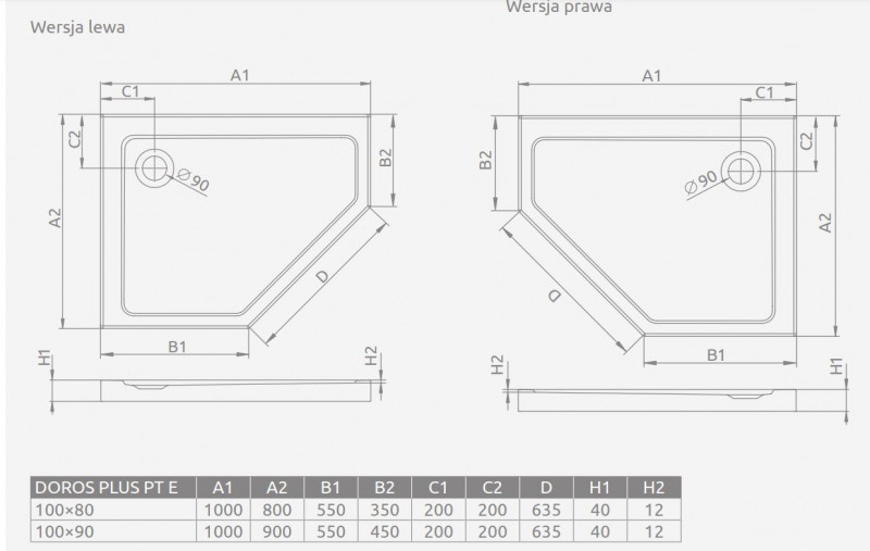 Radaway Doros Plus PT E brodzik pentagonalny asymetryczny z wypełnieniem 100x80 prawy SDRPTP1080-01R