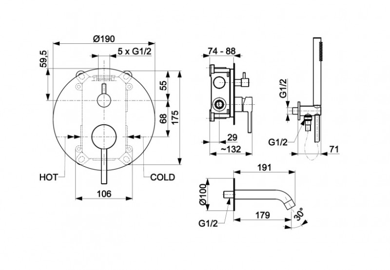 KFA Moza Black zestaw wannowy podtynkowy 3-drożny z wylewką czarny matowy 5039-401-81
