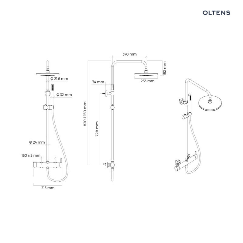 Oltens Molle kolumna zestaw prysznicowy z deszczownicą i słuchawką czarny mat 36504300