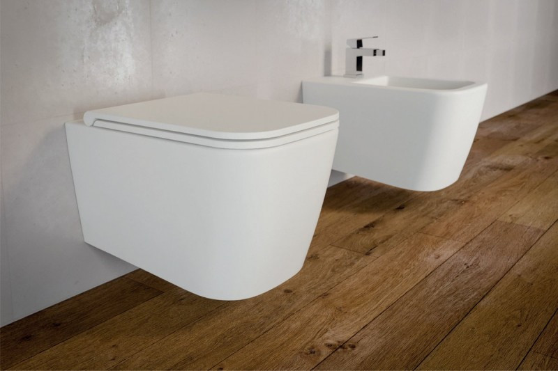 Esedra Quadra No-Rim muszla wisząca bezkołnierzowa + deska slim wolnoopadająca biały połysk CESD.WCSQDV + CESD.CWQDRF