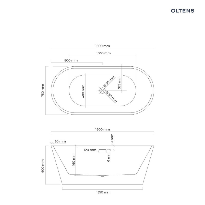 Oltens Yrsa wanna wolnostojąca 160x75 cm owalna akryl biały połysk 12023000