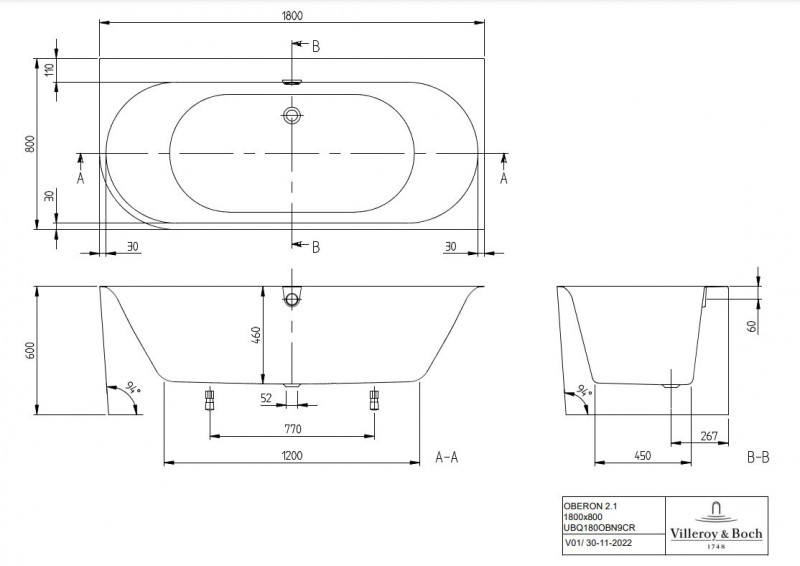 Villeroy&Boch Oberon 2.1 wanna wolnostojąca przyścienna prawa 180x80 z syfonem Quaryl biały weiss alpin UBQ180OBN9CR00VD01