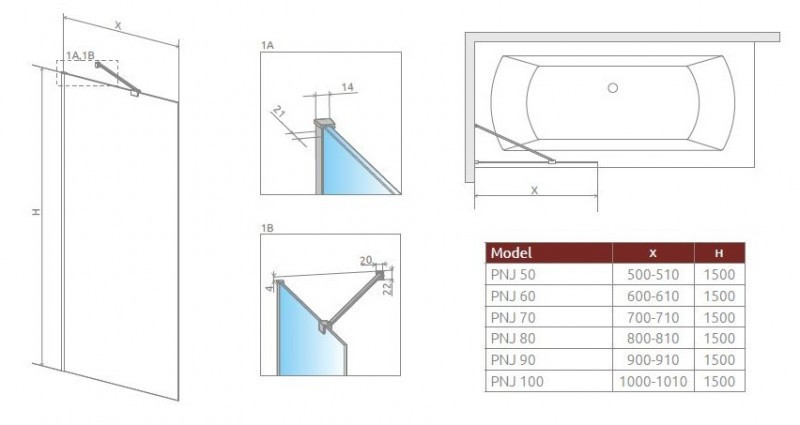 Radaway Modo New Brushed Nickel PNJ II parawan nawannowy jednoczęściowy 100 cm L/P nikiel szczotkowany przeźroczyste Easy Clean 10006100-91-01