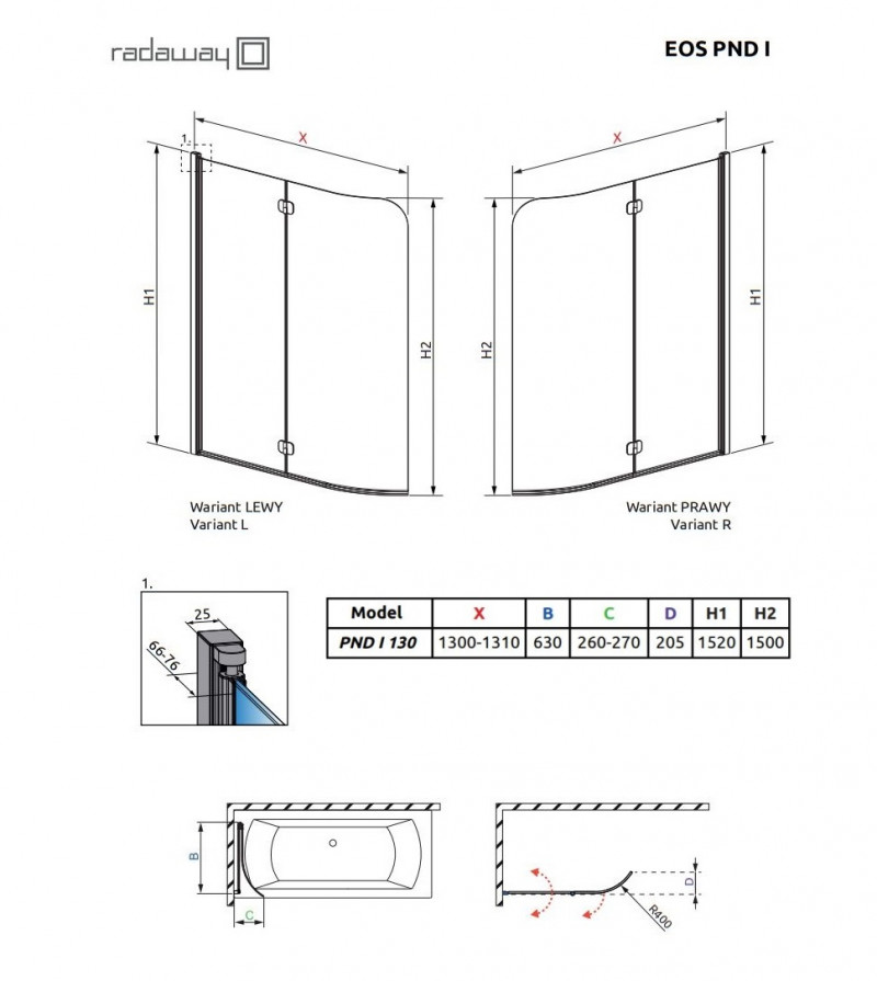 Radaway Eos PND I parawan nawannowy dwuczęściowy składany 130 cm prawy chrom przeźroczyste Easy Clean 1205202-101R