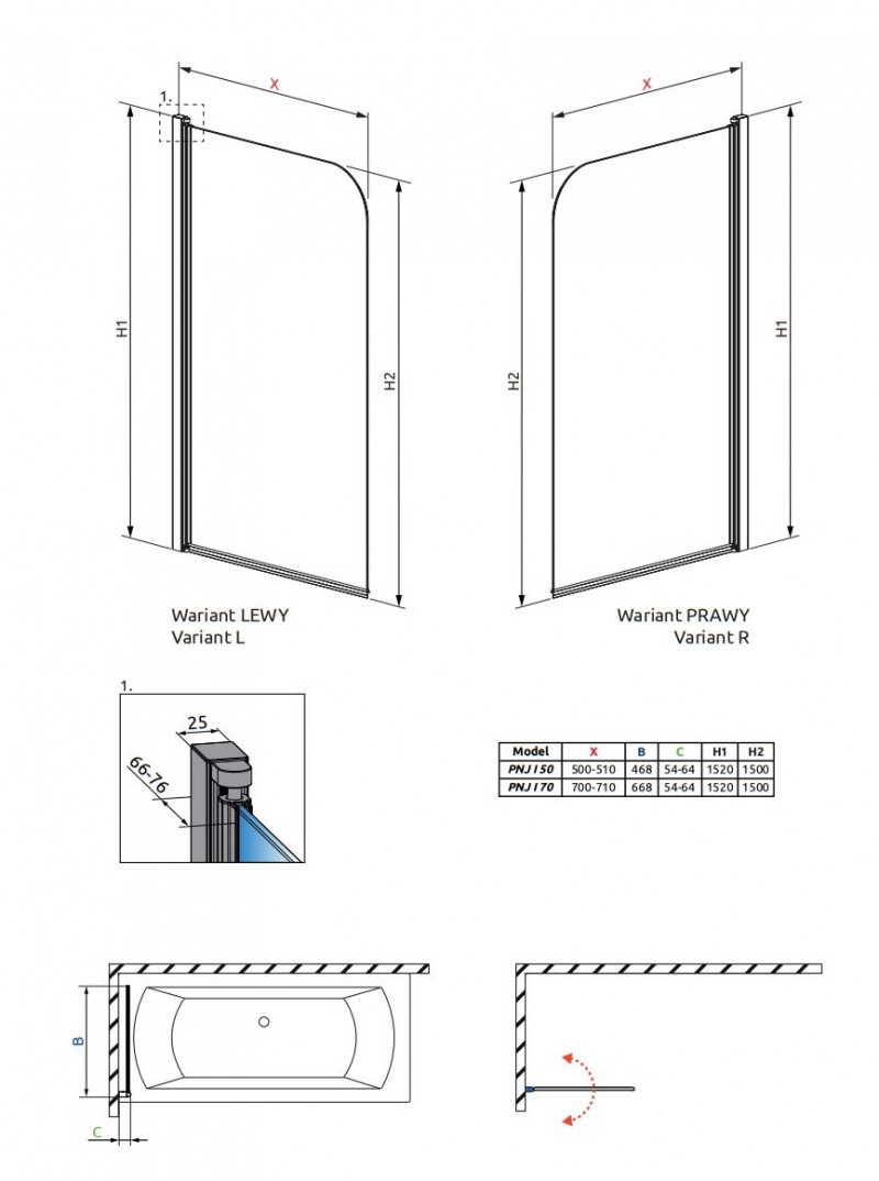 Radaway Eos PNJ I parawan nawannowy jednoczęściowy 50 cm lewy chrom przeźroczyste Easy Clean 1205102-101L