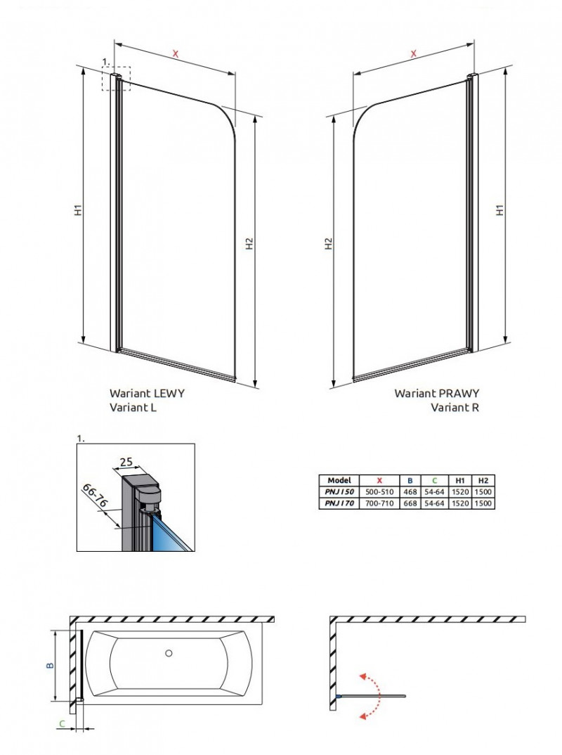 Radaway Eos PNJ I parawan nawannowy jednoczęściowy 50 cm prawy chrom przeźroczyste Easy Clean 1205102-101R