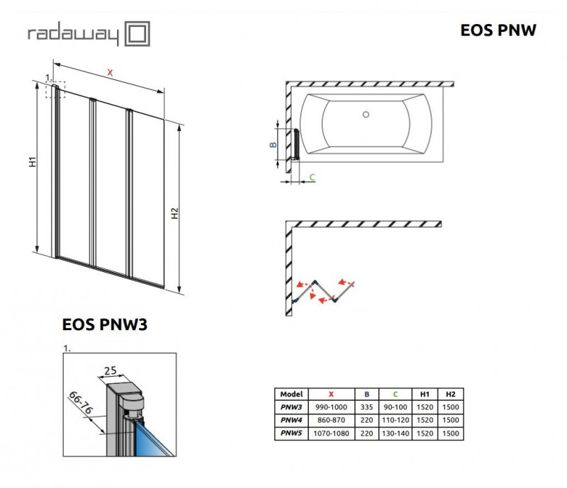 Radaway Eos PNW3 parawan nawannowy trzyczęściowy L/P chrom przeźroczyste Easy Clean 1205301-101